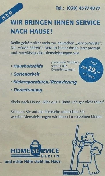 Erstes Werbeflugblatt von Home Service Berlin Historisches Werbeflugblatt von Home Service Berlin mit Übersicht der angebotenen Dienstleistungen